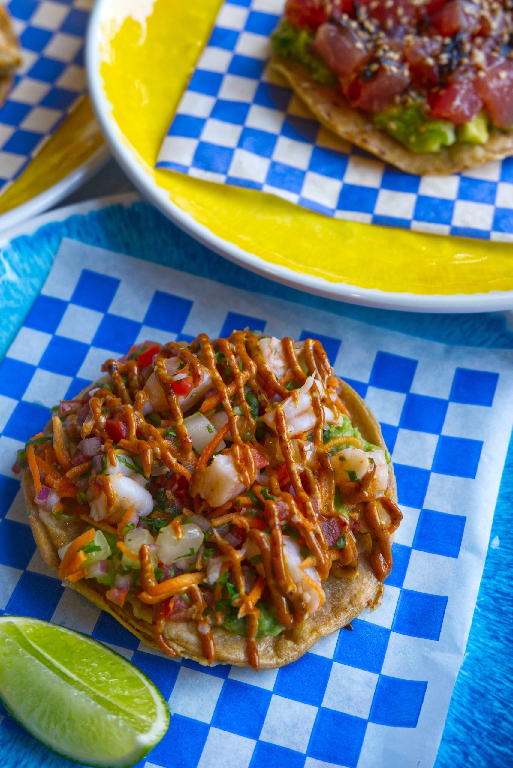 Shrimp tostada in close-up for Marea by Apapacho